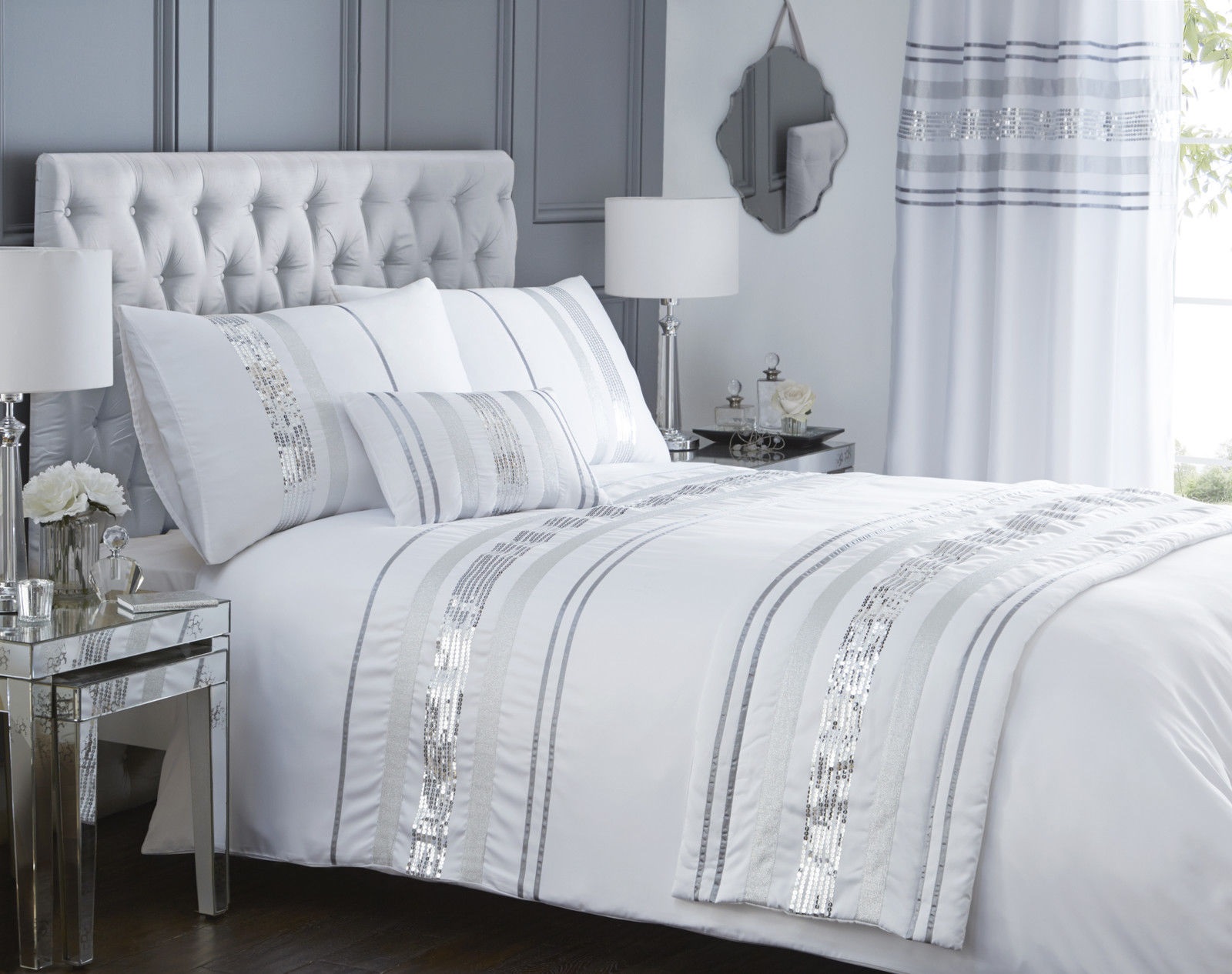 Luxury Sequin Glitter Stripe Duvet Quilt Cover Bedding Set Or Curtains